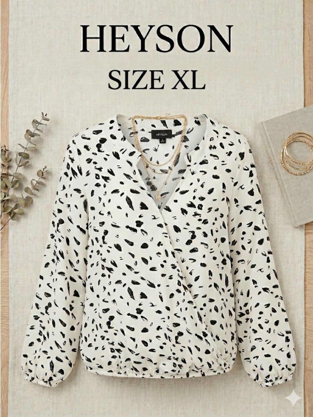 HEYSON Women’s Faux Wrap Blouse Blk/Ivory Print Collar V-Neck Long Sleeve XL